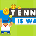Personagem de desenho animado jogando tênis com uma faixa vermelha na cabeça e moedas no ar, com texto acima que diz Tennis is War