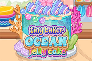 Bolo de gelatina azul com tema oceânico, decorado com conchas, corais coloridos e o texto tiny baker ocean jelly cake