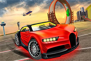 Carro desportivo vermelho numa pista de aeroporto, com um avião ao fundo e uma rampa circular iluminada