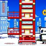 Panda pixelado em um jogo com cenário de cidade futurista e prédio vermelho
