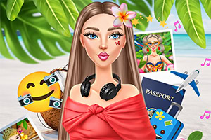 Ilustração de uma jovem com flor no cabelo e auscultadores ao pescoço, com emoji de câmara, passaporte e bilhetes de viagem ao fundo entre folhas tropicais e notas musicais