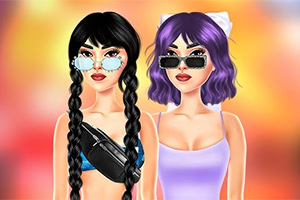 Duas mulheres em estilo ilustração, uma com tranças pretas e top preto e outra com cabelo curto roxo e vestido lilás, ambas a usar óculos de sol sobre um fundo desfocado em tons quentes