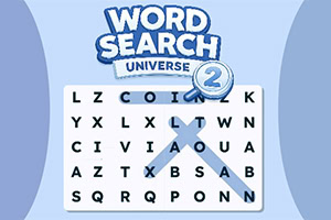 Logótipo Word Search Adventure 2 sobre uma grelha de sopa de letras com uma seta azul em fundo azul-claro