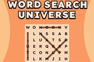 Logótipo Word Search Universe sobre fundo laranja, com grelha de caça-palavras e linhas a ligar letras