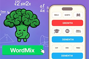Ilustração de cérebro verde junto a um telemóvel com opções de crescimento e demência, sobre fundo roxo com fórmulas matemáticas