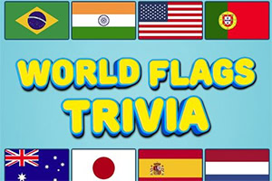 Bandeiras de oito países, incluindo Brasil, Índia, Estados Unidos, Portugal, Austrália, Japão, Espanha e Países Baixos, com o texto World Flags Trivia no centro