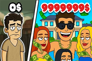 Ilustração dividida entre um homem triste sem dinheiro e um grupo sorridente com notas e a indicação de 99999999$